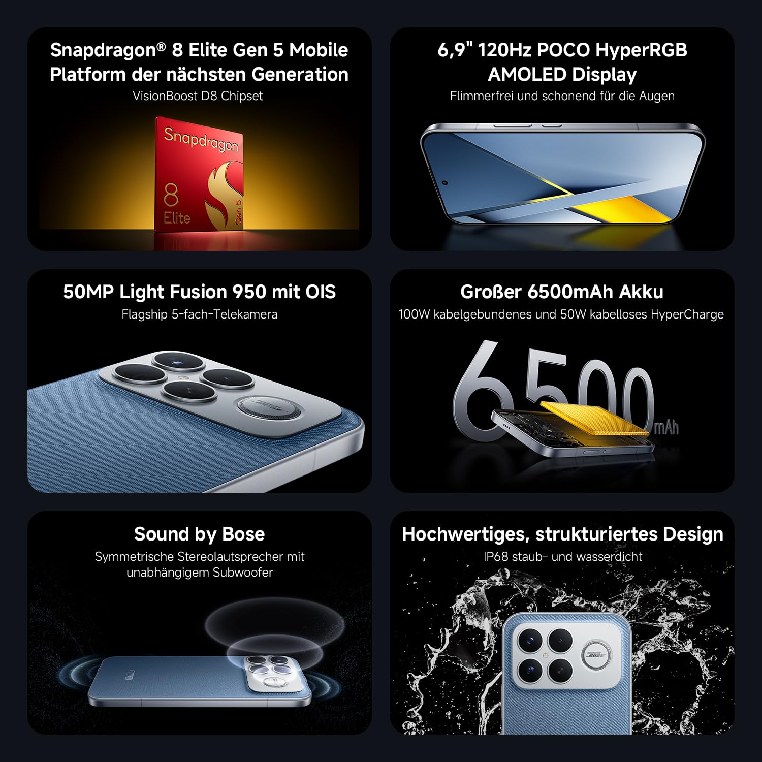 XIAOMI Poco F8 Ultra, Smartphone 16+512 GB, Handy mit Android, 6.9" 120Hz AMOLED Display, 50MP Light Fusion 950 mit OIS, Sound by Bose, 6500mAh, Denim Blue, 2 Jahre Garantie