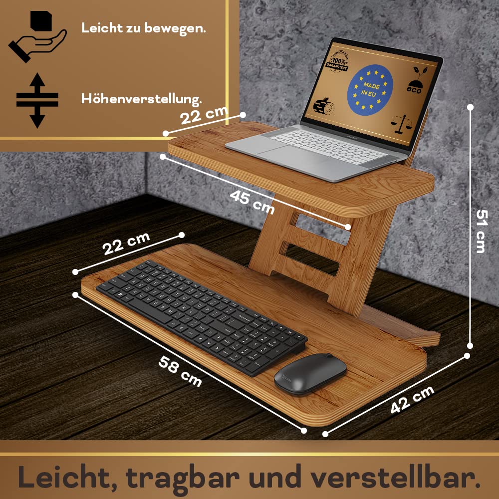 Supporto per scrivania in piedi, in legno, supporto per computer portatile, supporto da tavolo, supporto da scrivania, supporto regolabile in altezza, prodotto in UE (marrone)