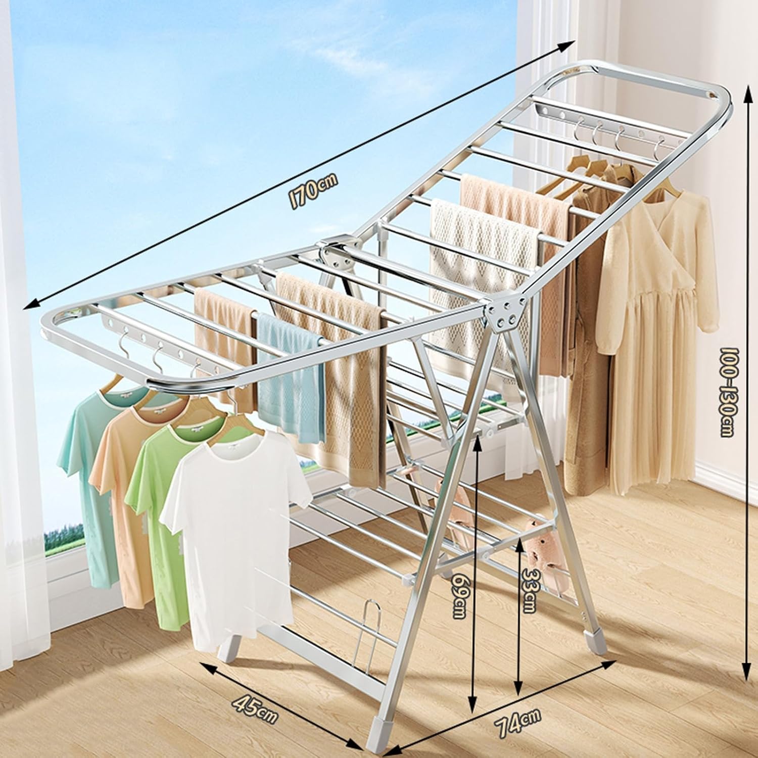 Portable Stainless Steel Laundry Drying Rack on Wheels, Multi-Functional Garment Rack with Reasonable Spacing, Indoor/Outdoor Clothing Organizer (170cm)