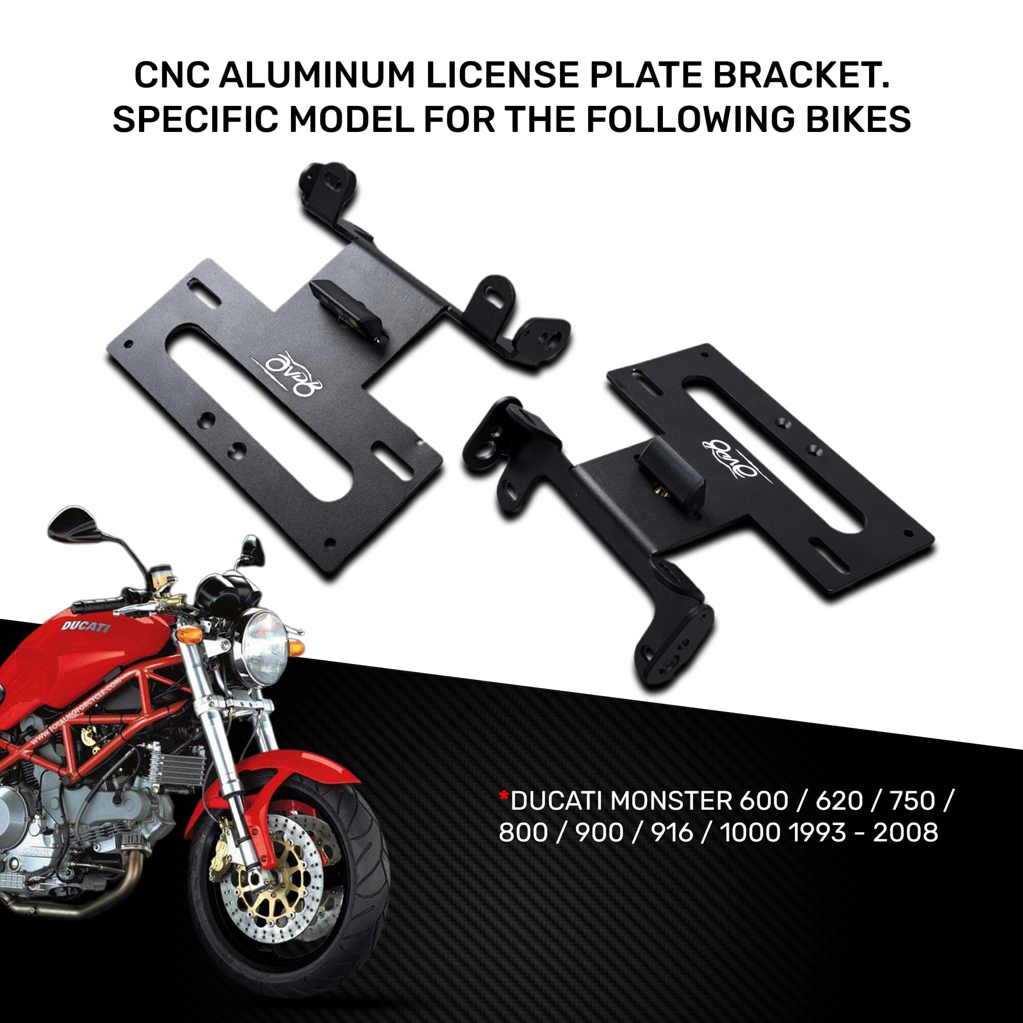 avdb-Moto Porta-Matrícula AVDB Compatible con Ducati Monster 1000 2002-2008, 1000 Dark/S 2002-2006, 400 1997-2005, 400 Dark 2002-2005, 600 Dark 1993-2005, 2002-2006 con Catadióptrico