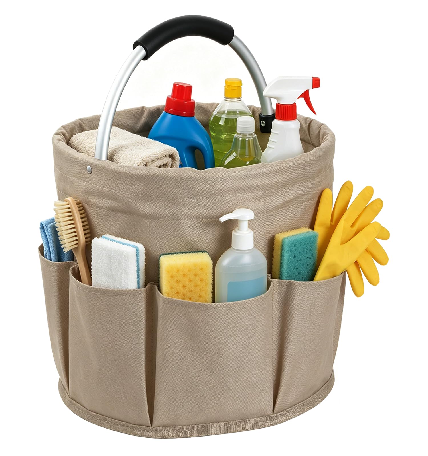 17L Cleaning Supply Caddy with Soft Handle, Portable Shower Caddy in 600D Oxford Fabric, Garden Tool Organizer Bag, Multifunctional Storage Basket for Bathroom, Garden, Khaki