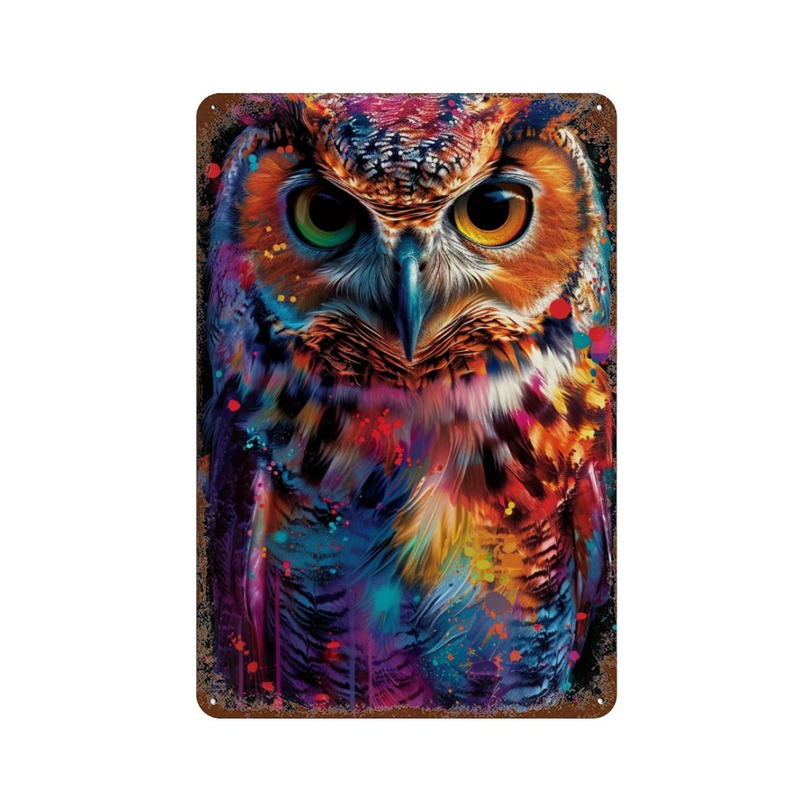 Colorful Owl Art Print 11.8"x7.9" Decorative Tin Sign, Retro Wall Decor for Bistro, Counter And Cafe Decor