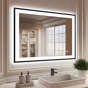 ISKM Framed LED Mirror for Bathroom 44"x30", Dimmable LED Bathroom Mirror with Lights, Anti-Fog, Front and Backlit Lighted Mirror 3-Colors, Shatterproof, Memory Function