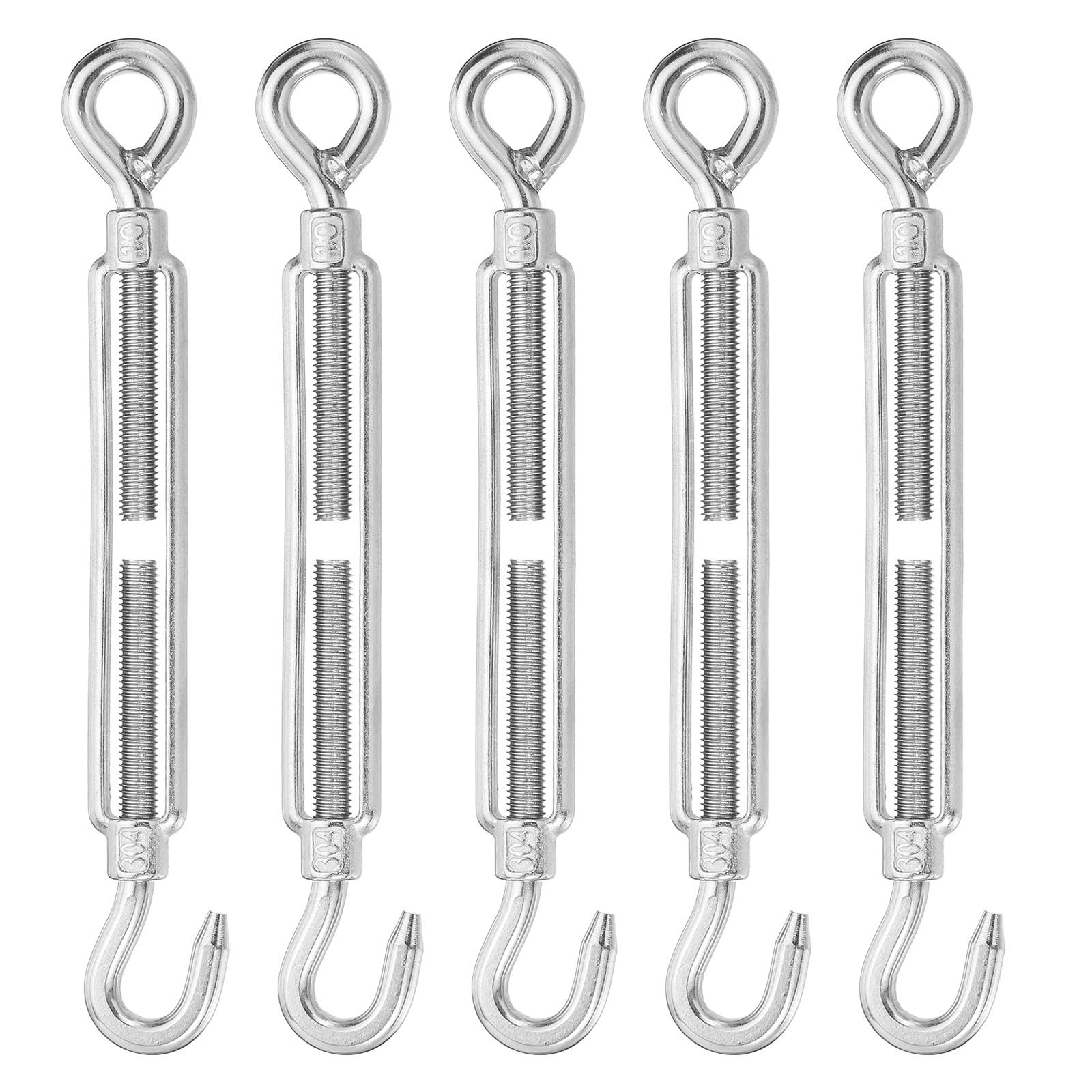 sourcing map Tenditori M10 con gancio e occhiello per tensione di funi metalliche, in acciaio inossidabile 304, regolabile, per tende da appendere, confezione da 5
