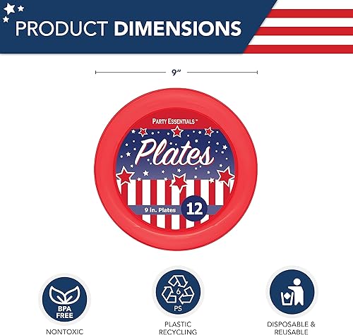 Miniatura 2 de Party Essentials Surtido patriótico platos desechables de plástico duro para fiestas, rojotransparenteazul, 9 pulgadas, 12 unidades