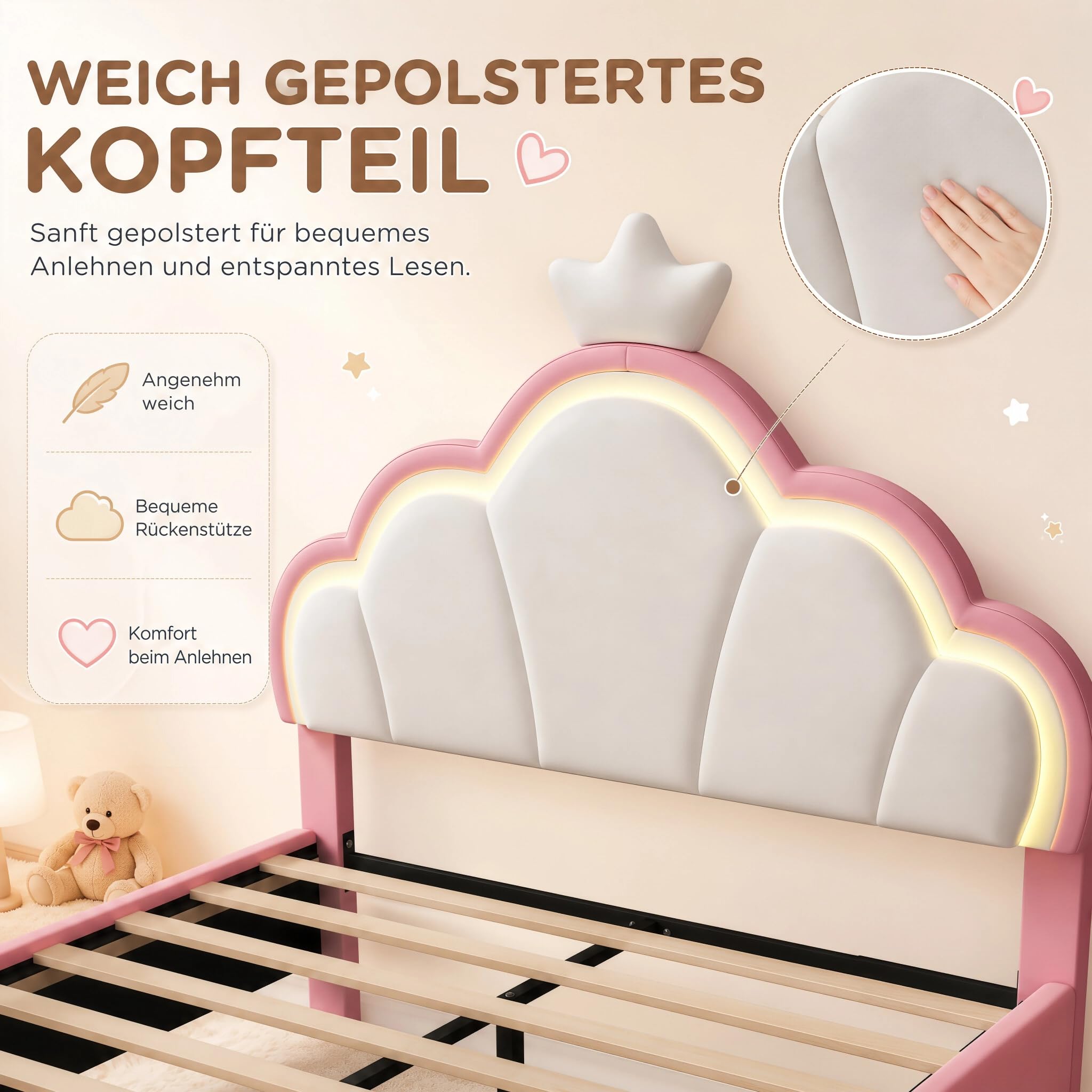 Polsterbett 90x200 für Kinder mit LED-Beleuchtung, Kinderbett Bettgestell für Mädchen mit Wolken-Kopfteil, höhenverstellbares Kopfteil, Prinzessin Bett Rosa mit Lattenrost, Samt (Rosa, 90×200cm)