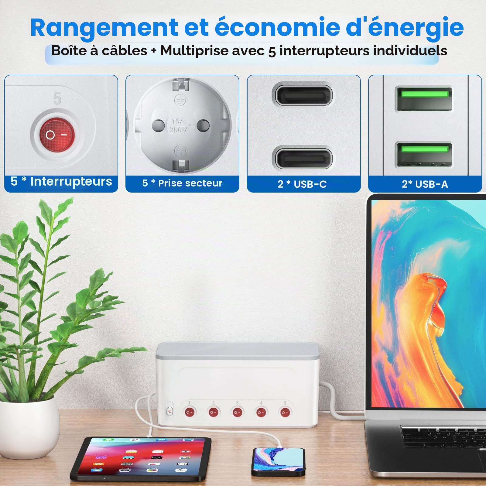 Multiprise USB C avec Boite de Rangement Cable, Grande Boîte Cache Câble