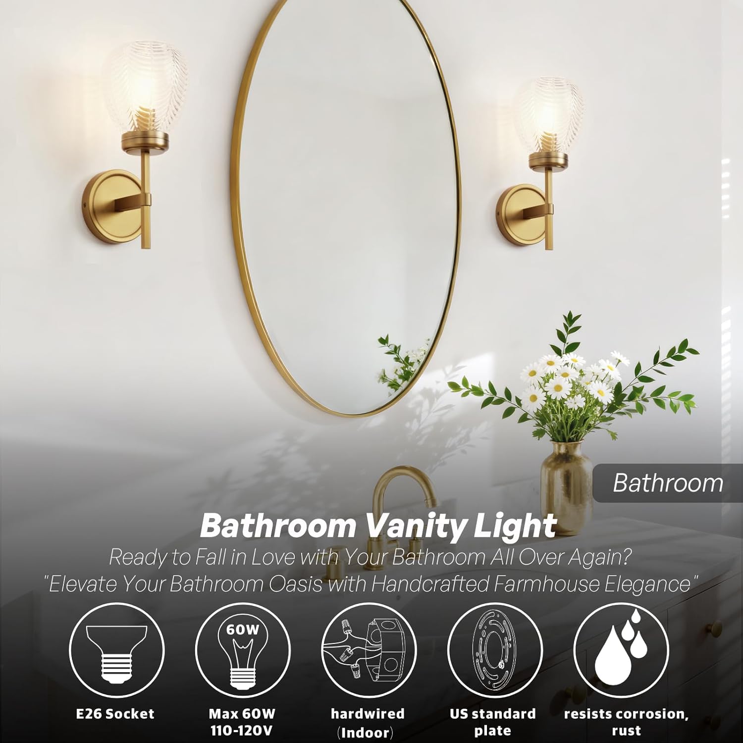 Vintage Wall Sconce Light Brass Gold Bathroom Sconces with Clear Textured Glass Modern Vanity Lights Hardwire Wall Mounted Lamp for Bathroom Mirror Living Room Bedroom Kitchen Hallway