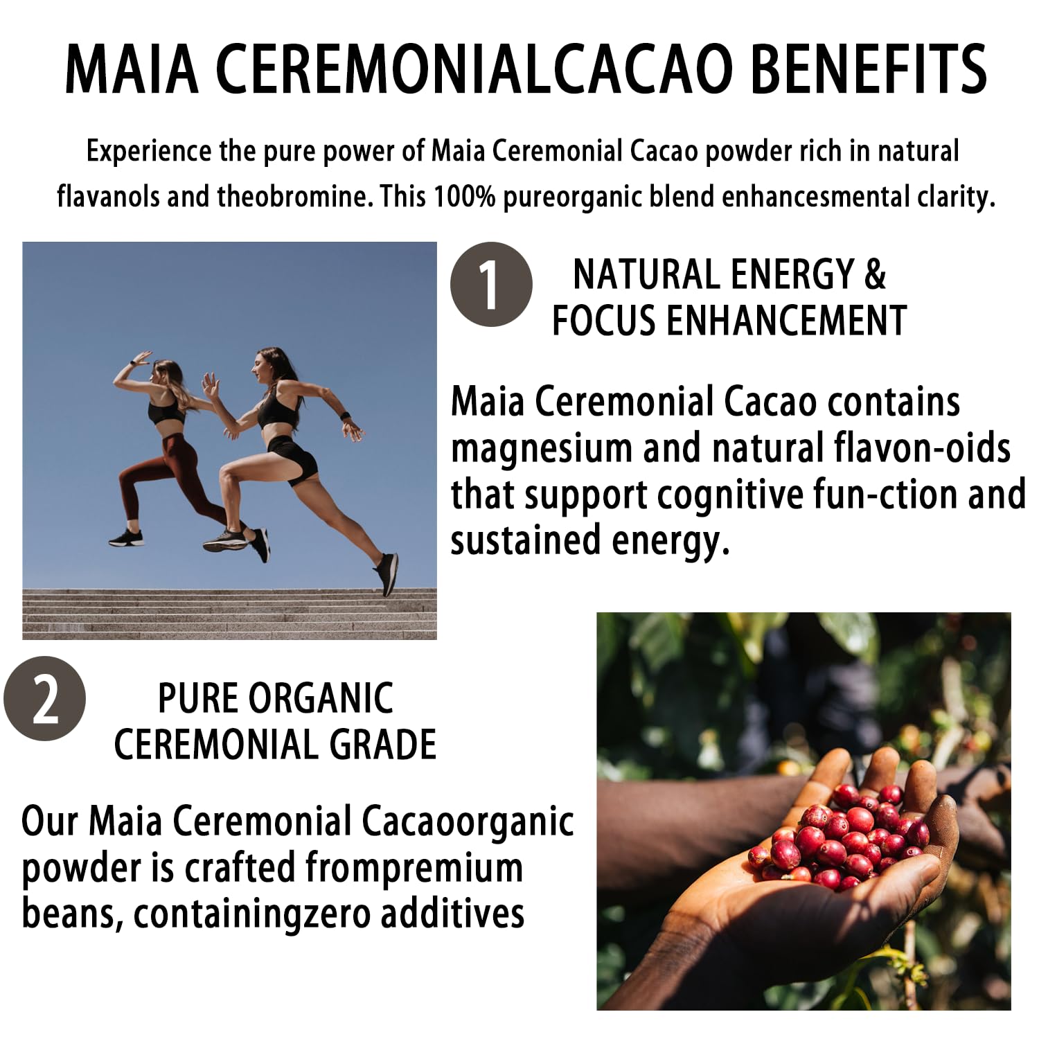 Maia Ceremonial Cacao,Cacao Powder Supplement with Flavanol, Theobromine, Magnesium and Natural Flavonoids Blend,Zero Sugar 100% Pure and Natural，180g