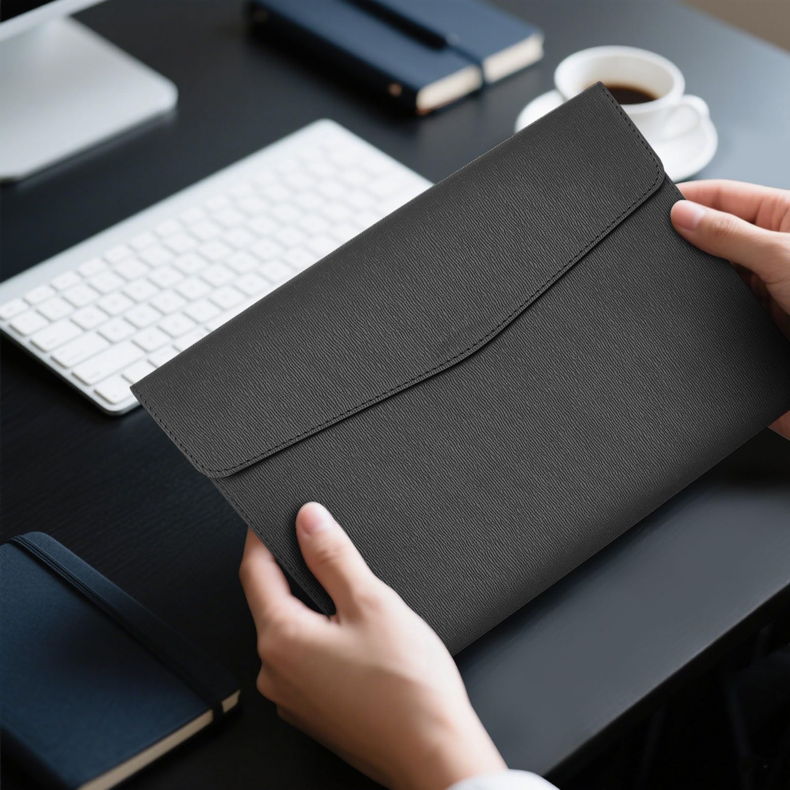 2pcs Carpeta de Documentos A4 Cuero, Carpeta Organizadora Funda A4 para Archivos Cuero PU con Cierre Magnético para Trabajo, Estudio y Viajes (Negro)