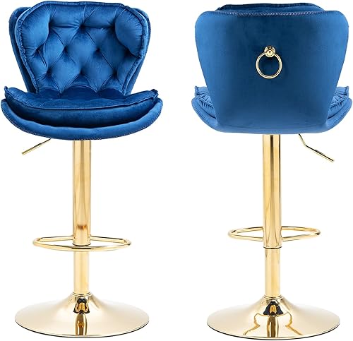 Miniatura 29 de SLEERWAY Juego de 2 taburetes de bar giratorios modernos, sillas de bar de terciopelo para mostrador de cocina, taburetes de bar dorados, taburetes