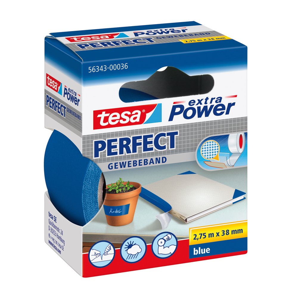 tesa UK Extra Power Multi-Purpose Cloth Tape, 2.75 m x 38 mm - Blue
