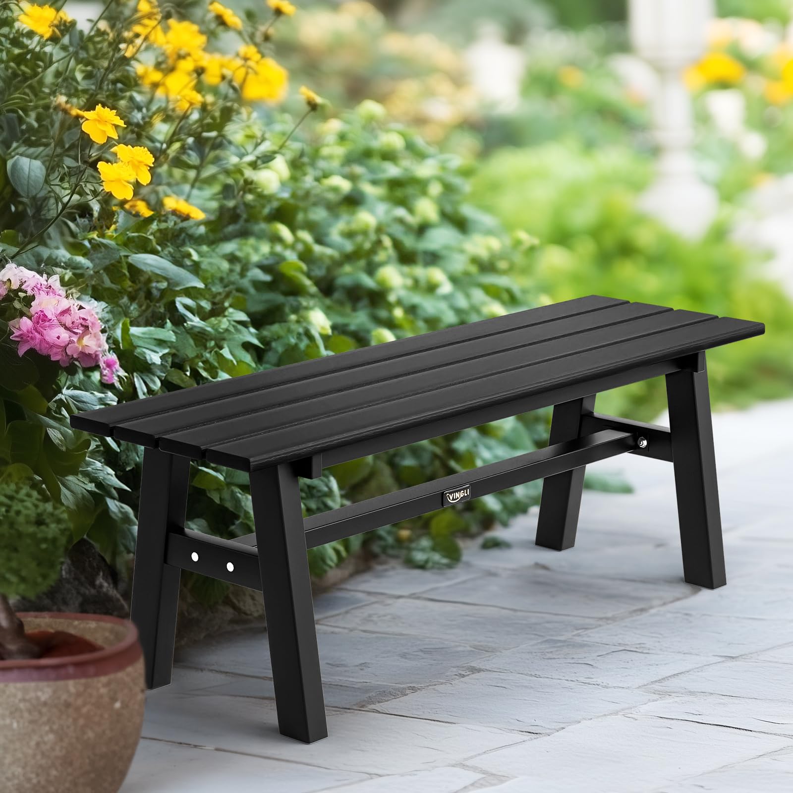 Bonnlo Banc de Jardin en Acier et HDPE, Banc Extérieur sans Dossier, Banquette de Jardin en Métal pour Patio, Terrasse, Balcon, Jardin, 118 x 36 x 42 cm (Noir)