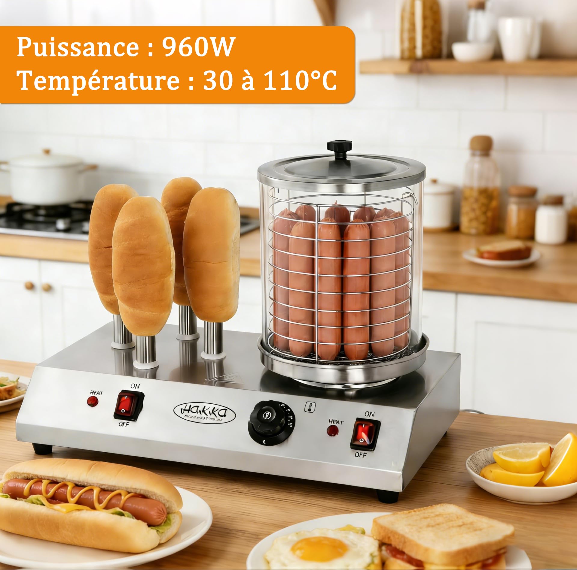Hakka Machine à Hot-Dogs Professionnelle avec 4 Fentes Pour Toast, Cuiseur Vapeur électrique Pour Hot-Dogs et Chauffe-Pains, Pour Saucisses et Gressins, 220V/960W