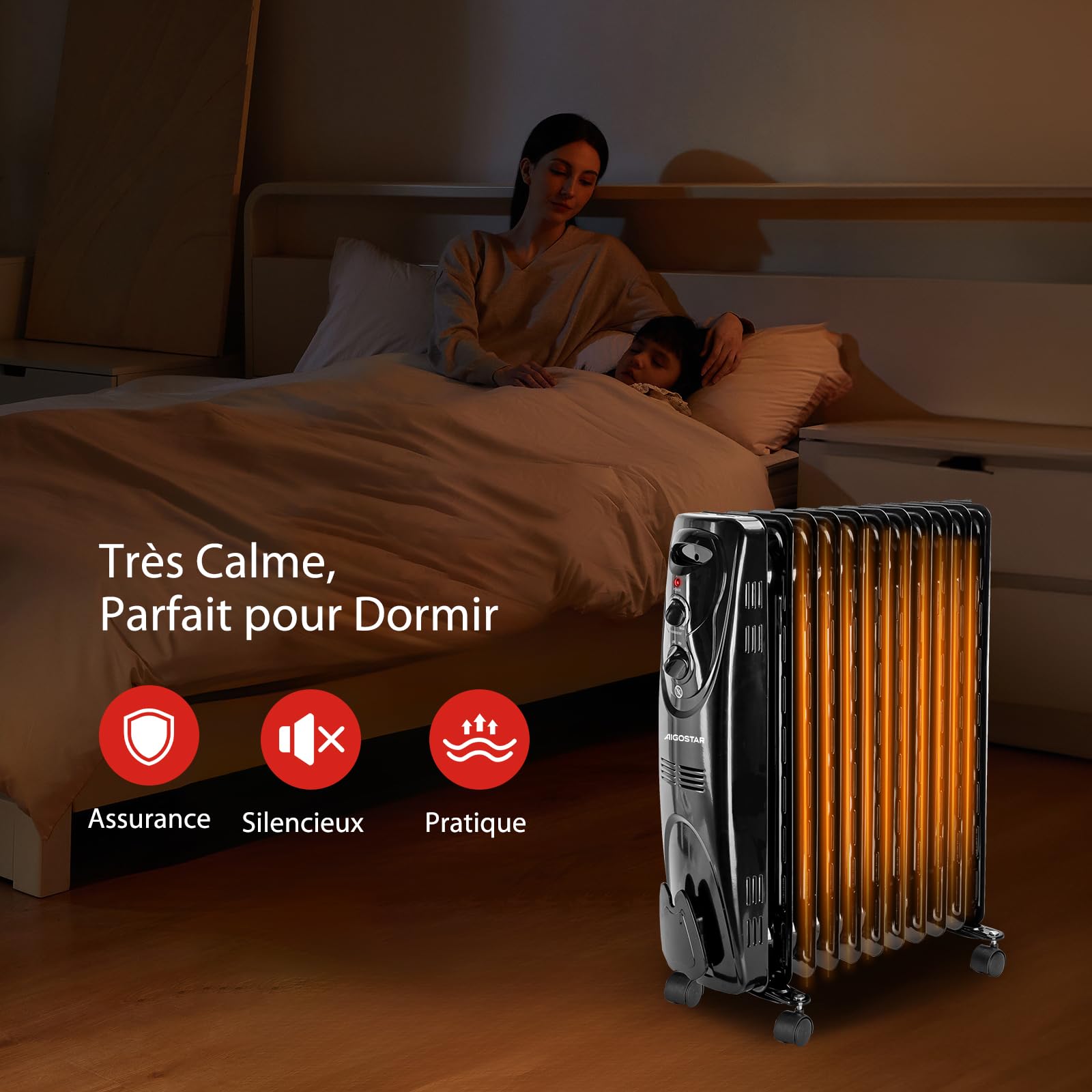 Aigostar Tummie– Radiateur à Bain d’huile Portable. 2300 W. 11 éléments,3 niveaux de puissance et thermostat réglable. Couleur noir. Design exclusif.