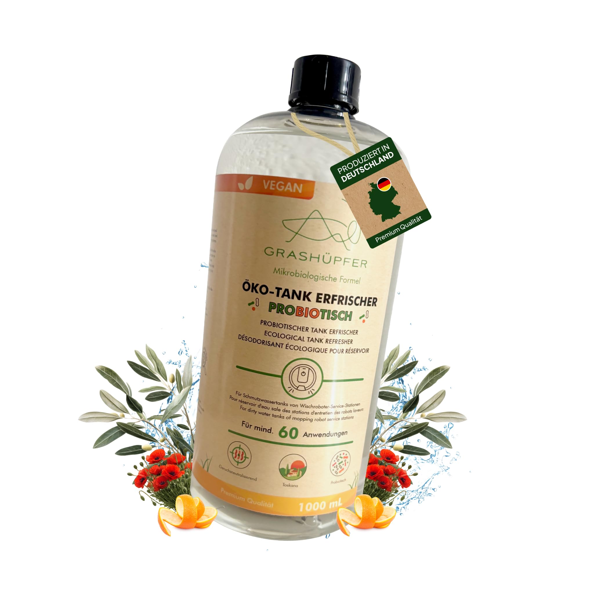 GRASHÜPFER® Deodorante ecologico per serbatoi di acqua sporca robot [probiotico] – Elimina gli odori di muffa nel serbatoio dell'acqua sporca biologicamente [profumo Toscana] – 1000 ml