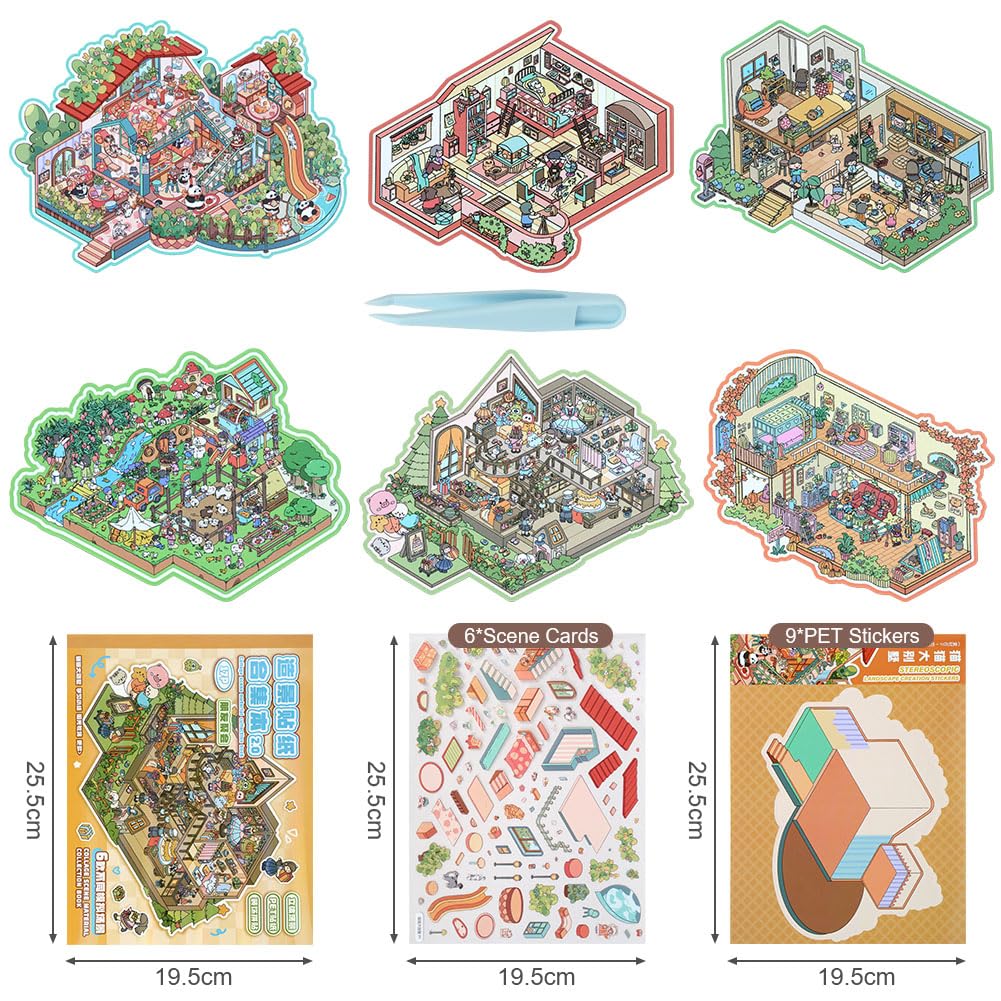Vicloon DIY 3D House Stickers Scene Kit, 6 Sets 3D Miniature Scene Sticker for Adults Kids Sticker Therapy - Image 2