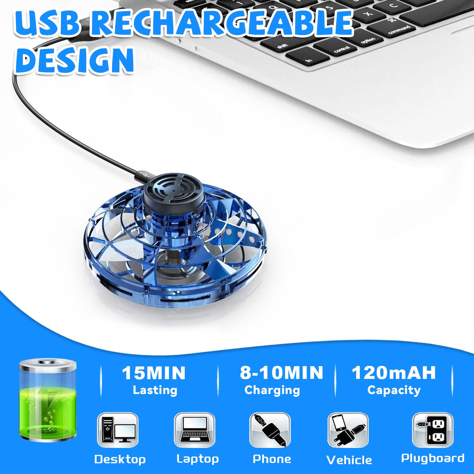Mini latający dron Spinner, zabawka Fidget Spiner, latająca piłka z diodami LED, latający dron UFO Spin na świąteczny prezent urodzinowy dla chłopców i dziewcząt (niebieski)