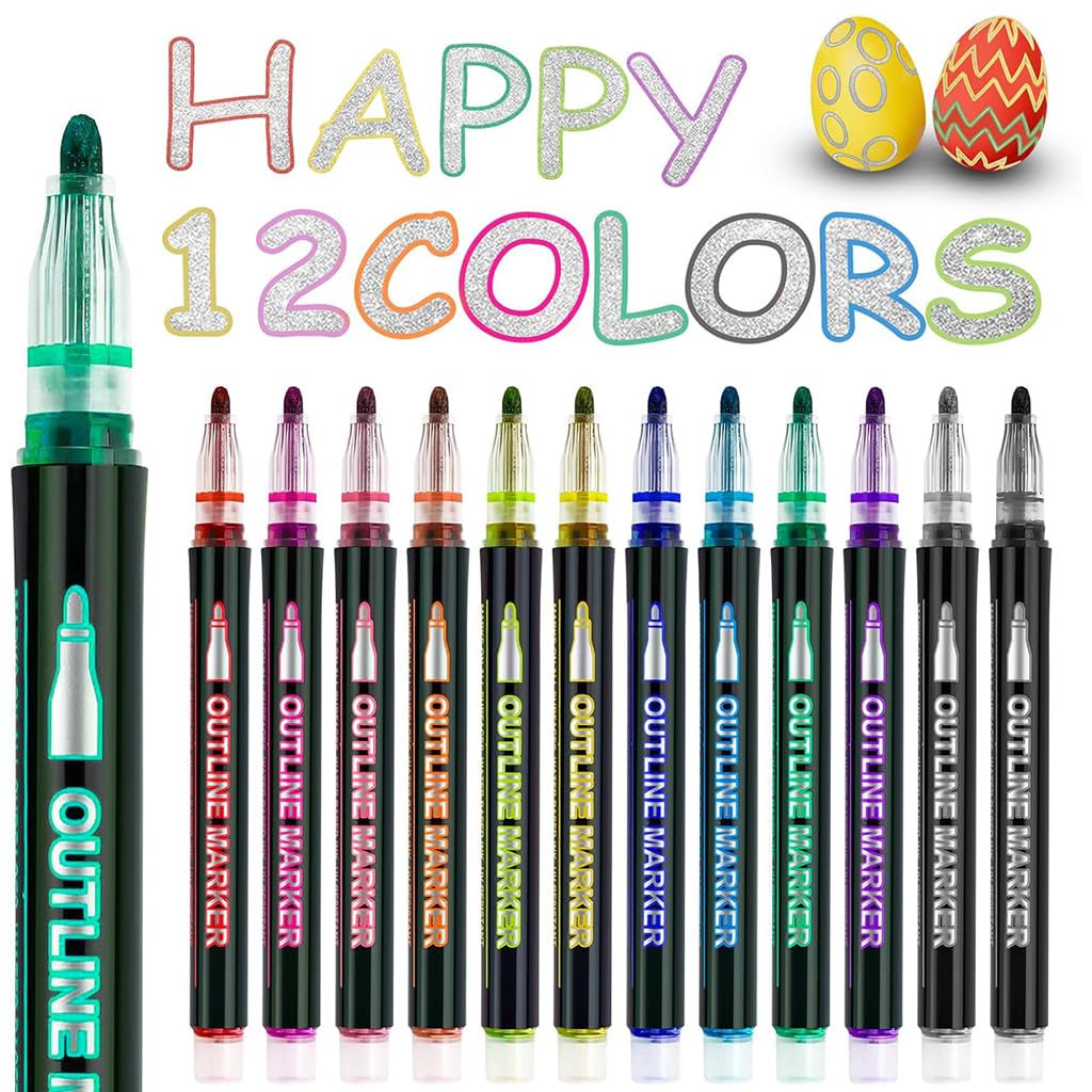 LINE　OUTLINE　178センチ ZIBUYU 12 Count Dual Line Outline Markers Metallic Glitter Colour