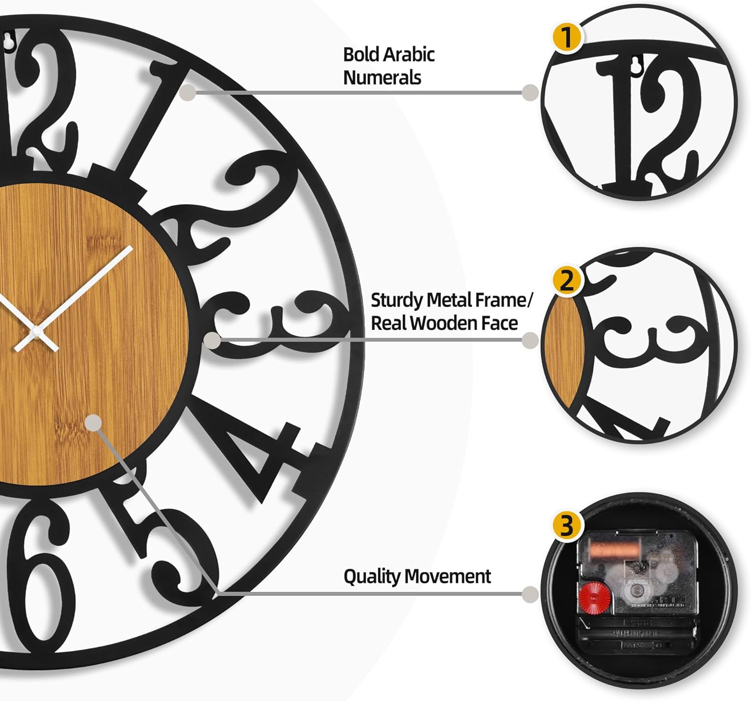 30" Extra Large Wall Clock, Silent Rustic Metal Wood Face Decorative Clock, Battery Operated Farmhouse Modern Oversized Wall Clocks for Living Room, Bedroom, Kitchen, Office, Home Decor