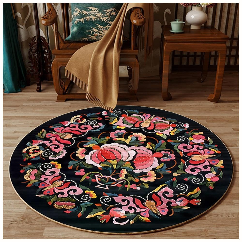 Tapis rond lavable en machine style rétro ethnique 140cm facile d'entretien