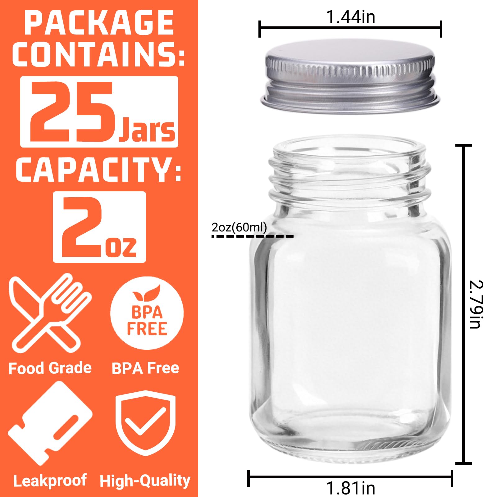 Confezione da 25 barattoli in vetro da 56,7 g con coperchio argentato, per shot di zenzero, spezie, miele, marmellata, gelatina, caramelle, salse, condimenti per insalata, candele, bomboniere e