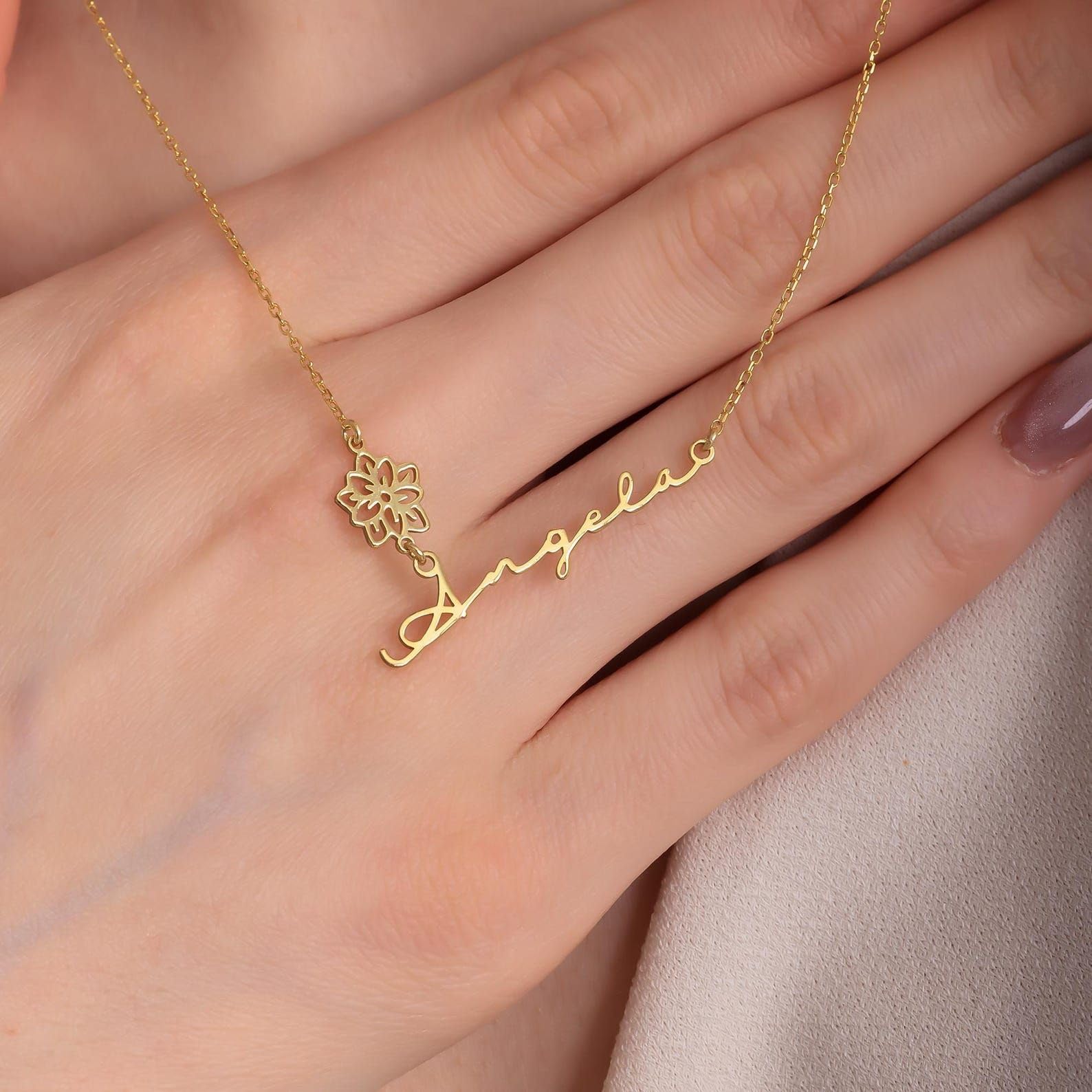Personalizzato fiore di nascita collana con nome, su misura mese di nascita fiore di ciondolo argento sterling