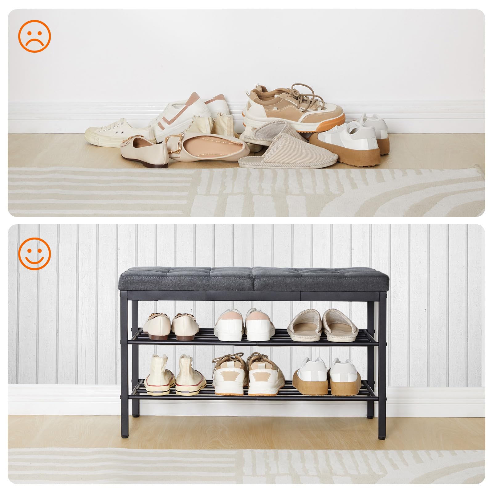 HOOBRO Banco Zapatero, Banco Almacenaje para Zapatos, Mueble de Entrada con Cojín Acolchado, Extremo de Cama, Ahorra Espacio, para Salón, Balcón, Dormitorio, Oficina, Gris y Negro EBGZ95HX01