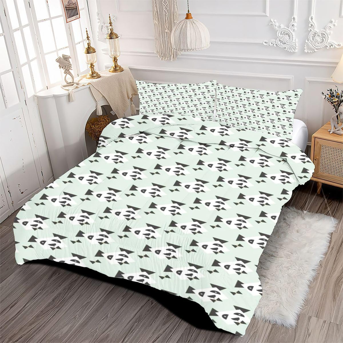 Zestaw kołder King | zielony wzór, zawiera dwustronną pikowaną kołdrę, 2 poszewki na poduszki 48 cm x 73 cm, wypełnienie bawełniane 200 g/m², pokrowiec z mikrofibry, całoroczne użytkowanie