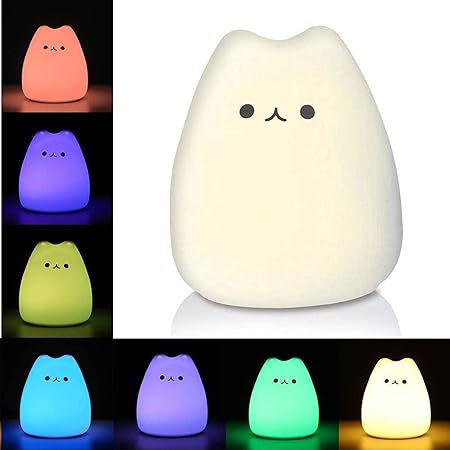 Litake LED Cat Night Light, Battery Powered Silicone Cute Cat Nursery Lights with Warm White and 7-Color Breathing Modes for Kids Baby Children (Mini Celebrity Cat)