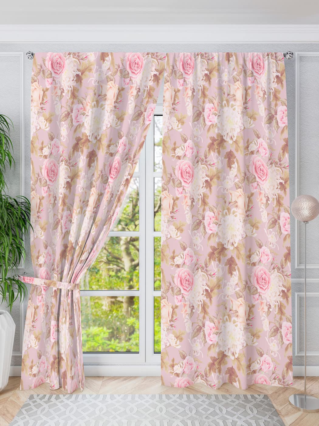 LHD HUB 3D Flowers Digital Printed Polyester Fabric Curtains for Bed Room, Living Room Kids Room Color Light Pink Window/Door/Long Door (D.N.52) (4 x 9 Feet (Size: 48 x 108 Inch) Long Door, 2)