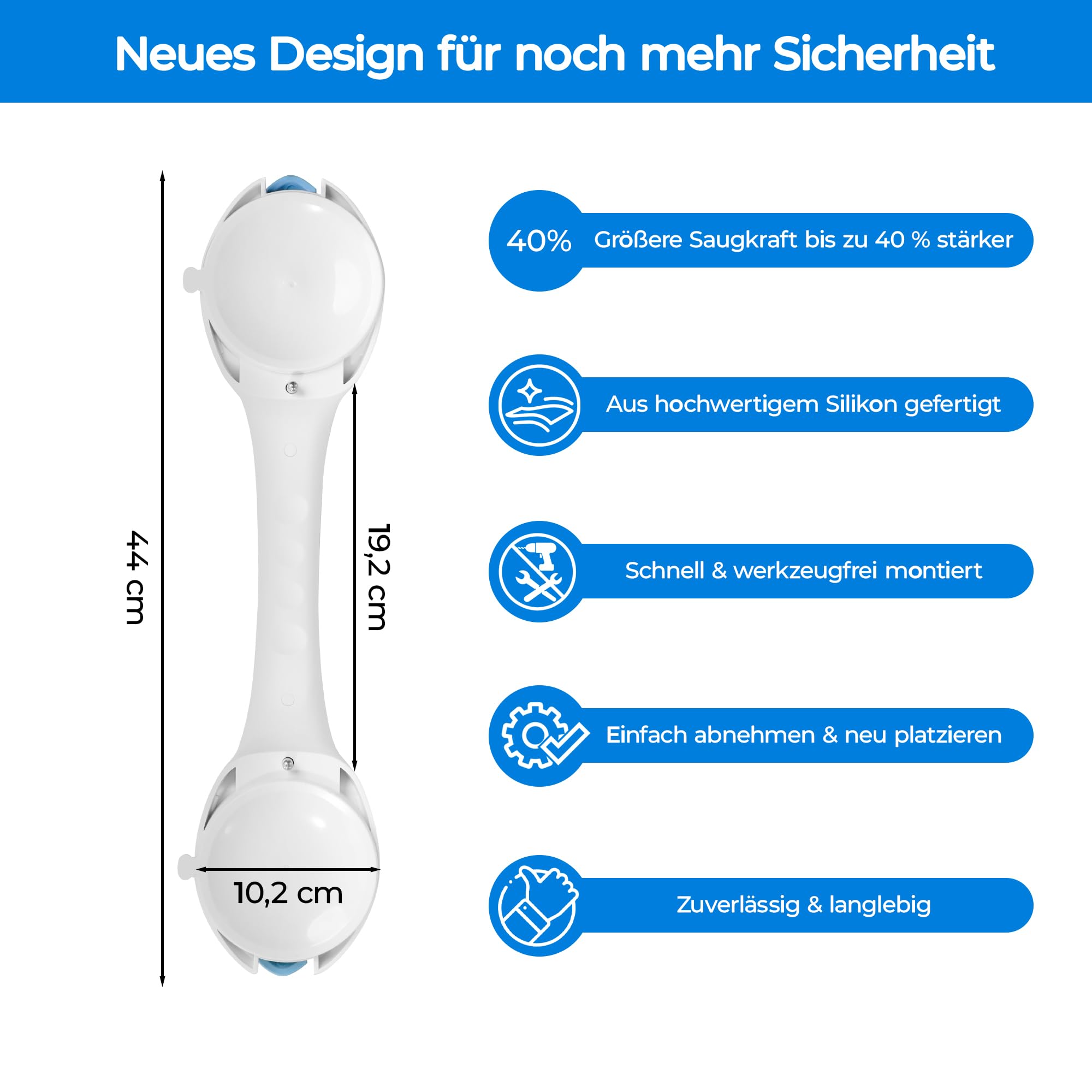 INNOVATIVER Haltegriff Dusche ohne Bohren – Rutschfeste Aufstehhilfe bis 120 kg – 44 cm Duschgriff mit Saugnapf – Stabiler Haltegriff für Bad & Dusche – Badewannengriff ideal für Senioren