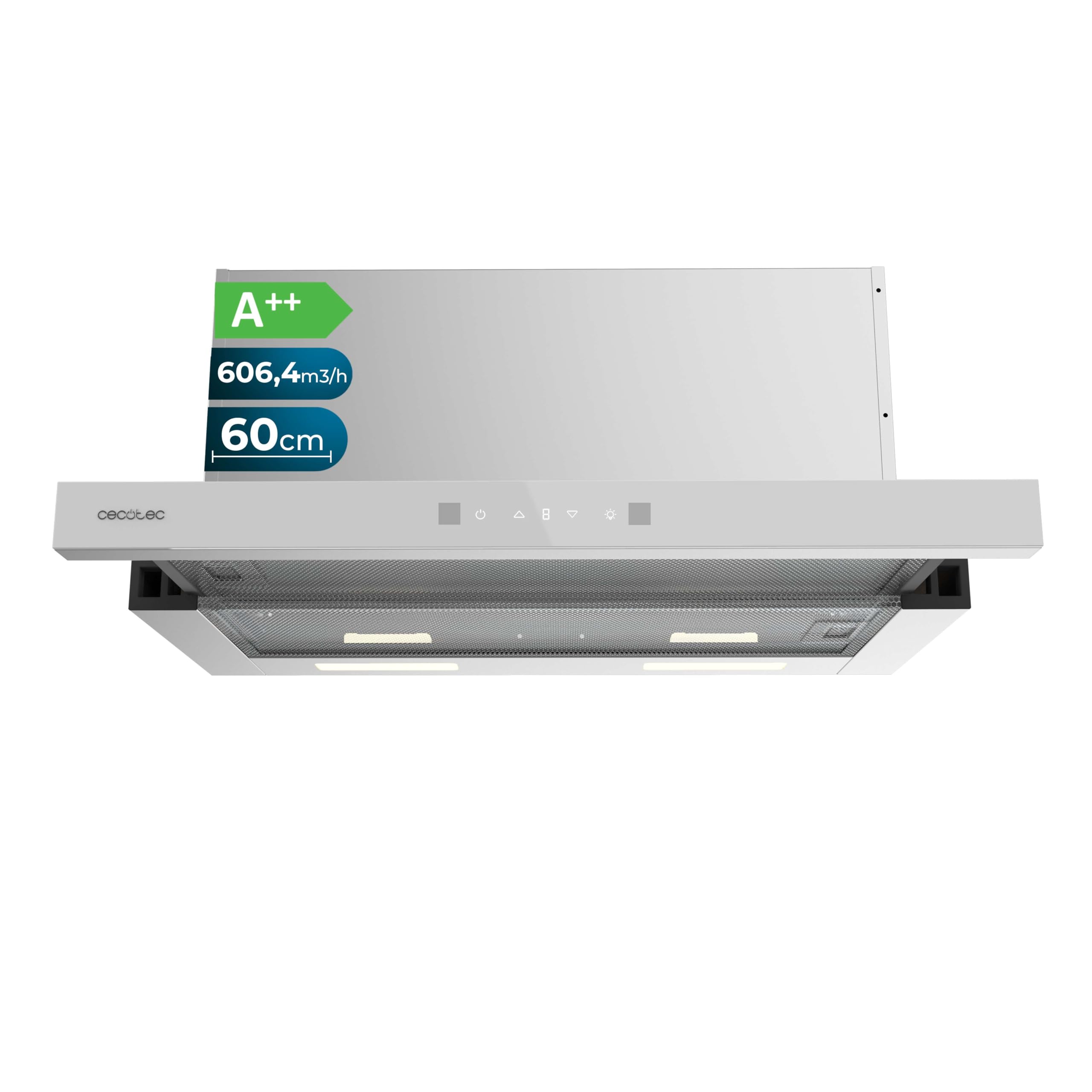 Cecotec Campana Extractora Telescópica Bolero Flux TLT 605501 Glass White A++, 60cm, 606,4m³/h de succión, Clase A++, Control Táctil Invisible,Hand Movement Control, Función Booster, Filtros Lavables