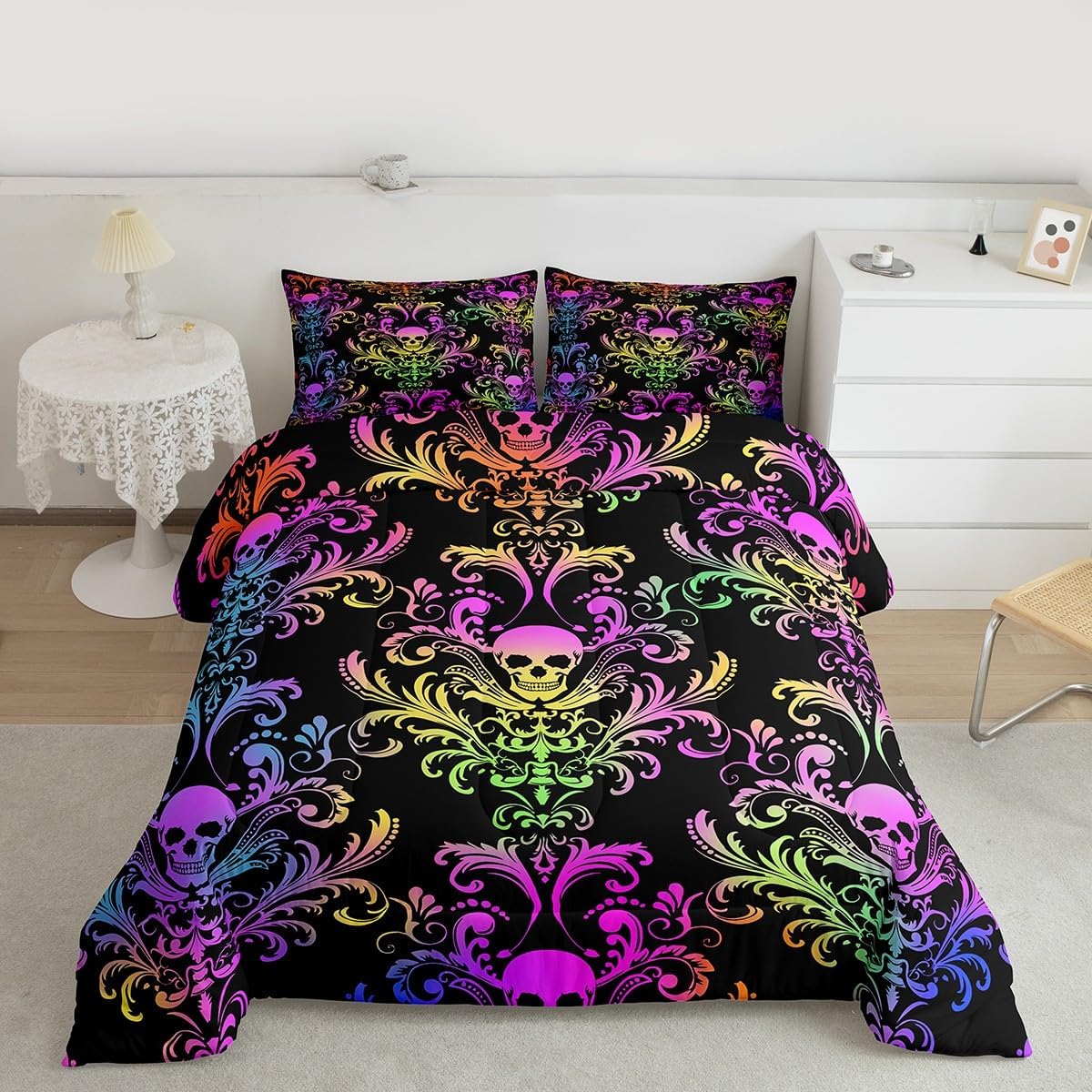 Adults Damask Gothic Bedding Set Antique Victorian Comforter Set Toddler,Vintage Floral Goth Comforter Sugar Skull Quilt,Exotic Bone Skeleton Duvet Insert Bohemian Baroque Decor,Rainbow Gradient