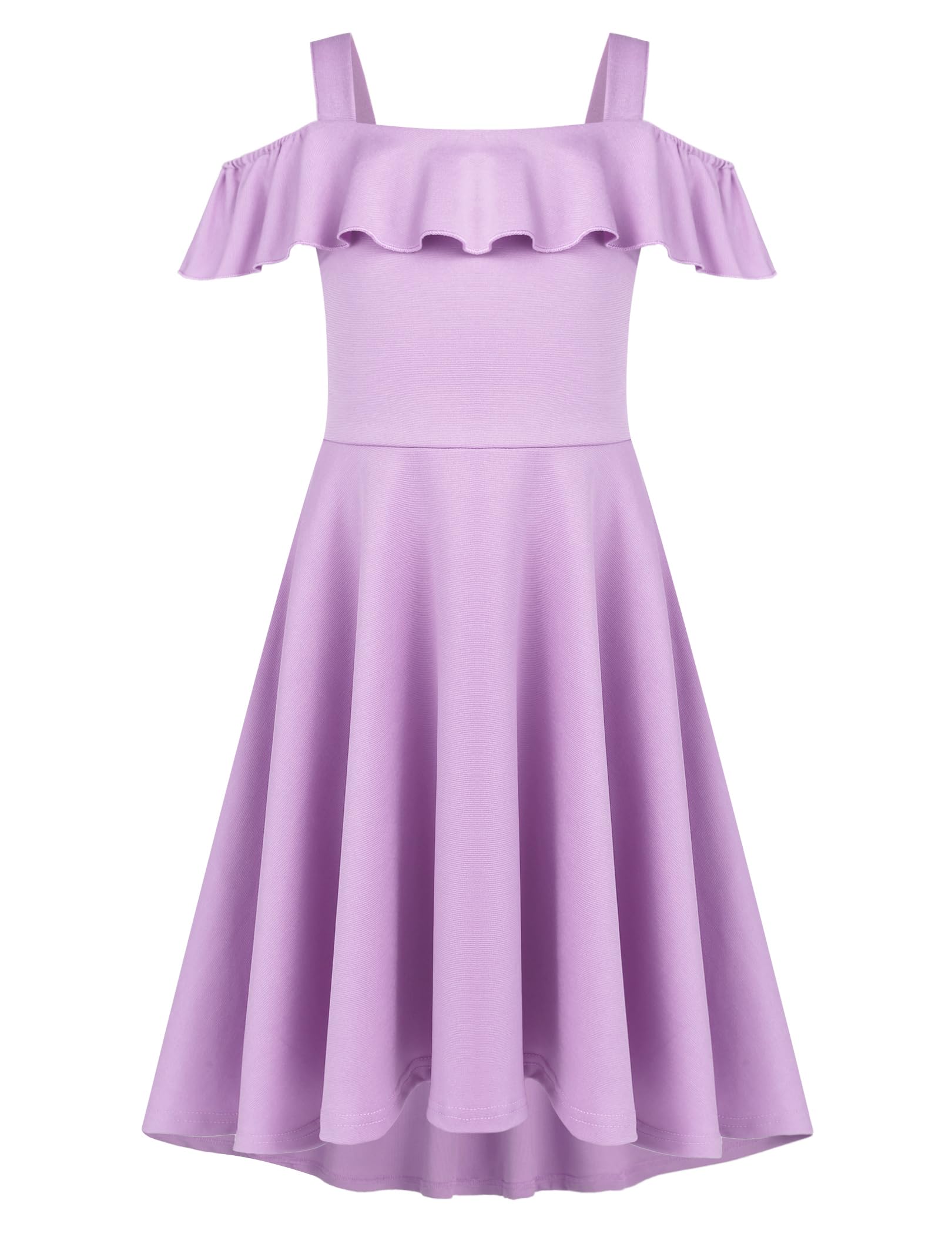 Arshiner Mädchen Sommer Kleid Schulterfrei Kinderkleid Rüschen Ärmel Elegante Eckiger Ausschnitt Trägerkleid Kinder A Line Swingkleid High Low Kleid Lässig Kleider mit Tasche 4-13 Jahre