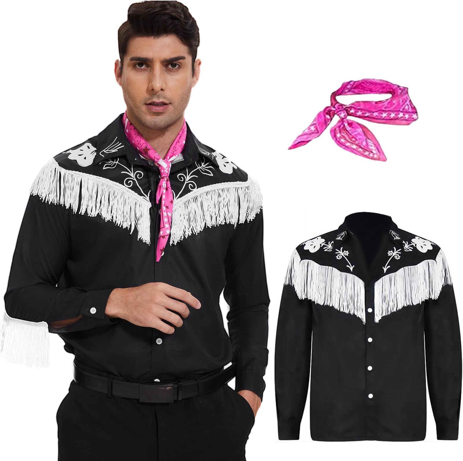 AJGEGJE Men Cowboy Costume, Western Long Sleeve Fringe Shirt with Scarf for Halloween Cosplay
