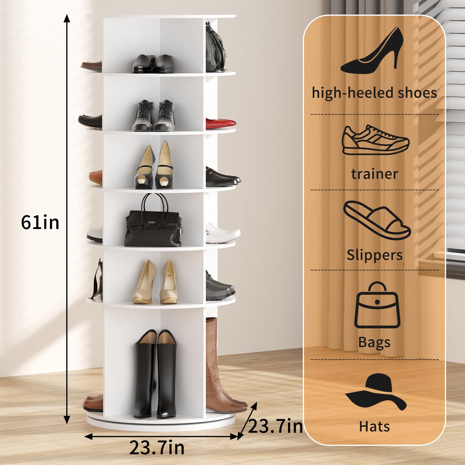 Zapatero giratorio de 360 grados, 6 niveles, redondo, 60 x 60 x 155 cm, armario blanco para zapatos para entrada y armario, para el hogar