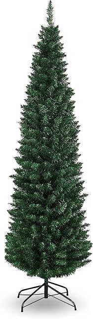 BLADO Artificial 7ft Christmas Tree | Slim Green Pine Christmas Tree with 820 Branch Tips | Easy to Assemble Xmas Tree with Metal Stand (Slim Green, 7ft/210cm)