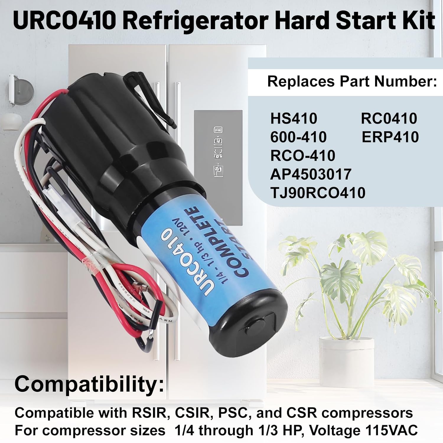 URCO410 3 in 1 Hard Start Kit Compatible with Refrigerators and Freezers 115VAC Compressor Hard Start Capacitor for 1/4 to 1/3 Start Relay (3 Pack)