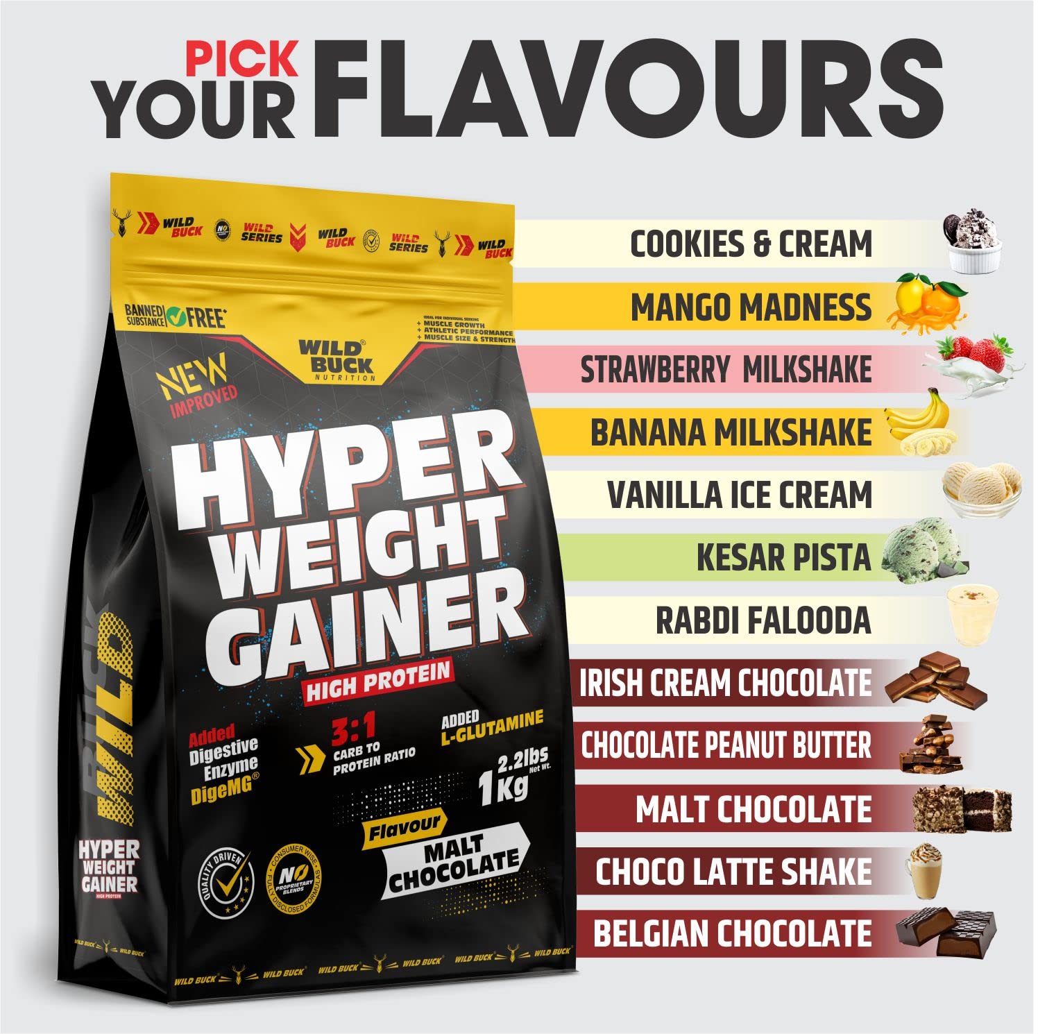 WILD BUCK Hyper Weight Gainer Powder High Protein Muscle Mass & Weight Gainer With L-Glutamine & Digestive Enzymes For Muscle Gain [Malt Chocolate, 1 Kg / 2.2 Lb], 1 count, 25 servings — Amazon image 7
