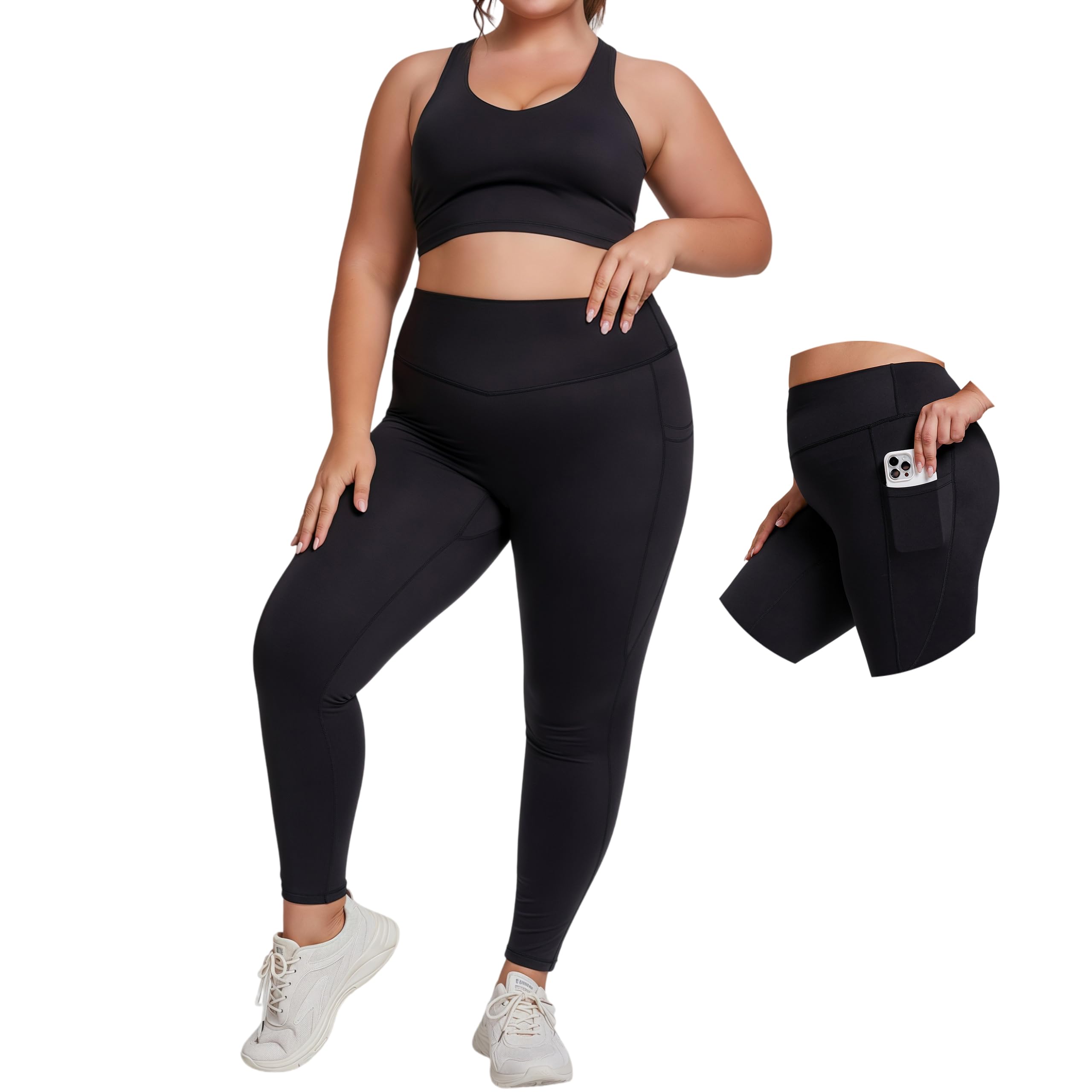 Generisch Plus-Size Damen Workout-Set, Sport-BH mit Shockproof-Support und Leggings mit M-förmigem Hüftlifting, Seitentaschen