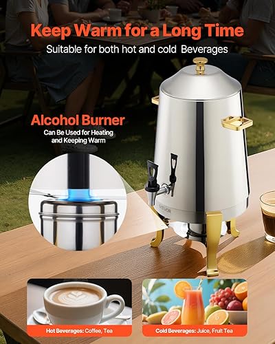 Miniatura 4 de VEVOR Dispensador de bebidas de acero inoxidable, dispensador de bebidas de 3.4 galones con quemador de alcohol, dispensadores de bebidas calientes