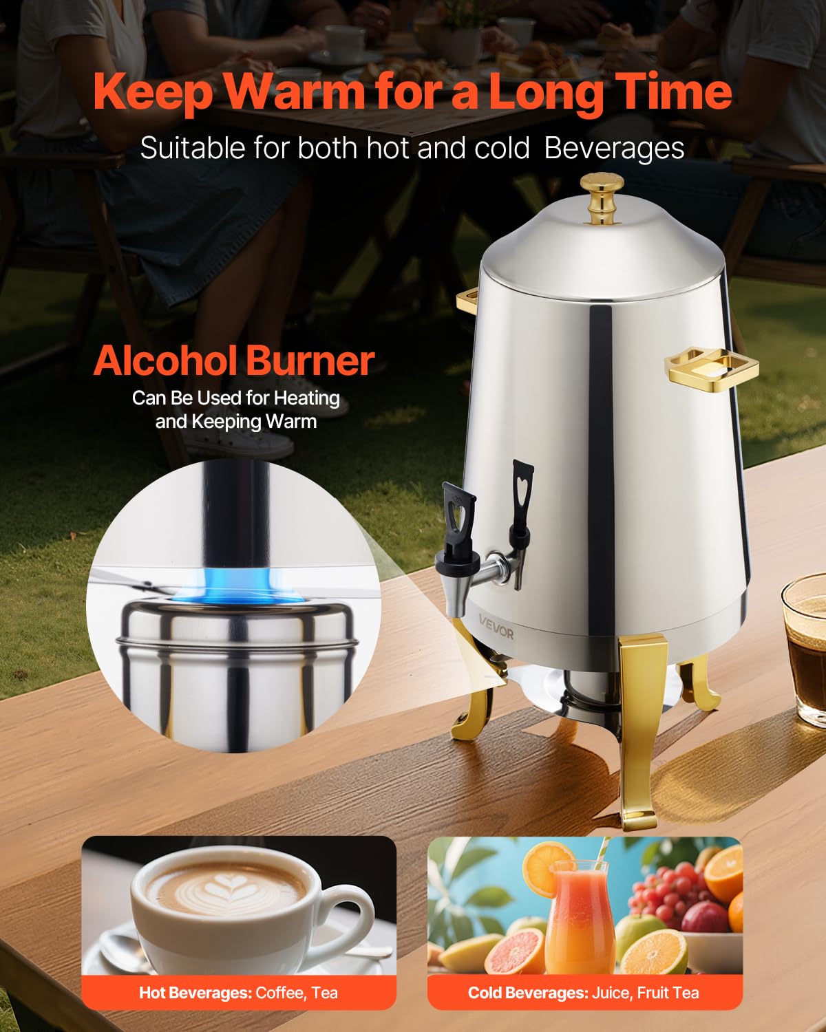 VEVOR Distributore di Bevande, 13 L per Feste, Contenitore di Succhi in Acciaio Inox con Bruciatore ad Alcol, Bevande Calde e Fredde con Rubinetto per Caffè, Tè, Acqua Calda, per Ristoranti Hotel