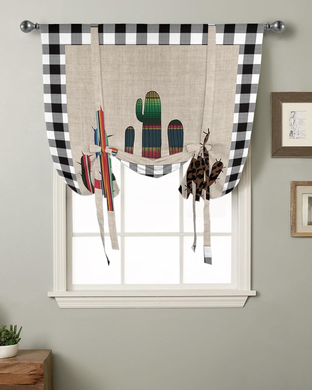 Tie Up Window Shade Curtain Summer Cactus Mexico Colorful Botanical Kitchen Adjustable Balloon Curtains Shades Drape 46x63In for Living Room/Bedroom/Cafe Windows Tropical Plant Retro Plaid