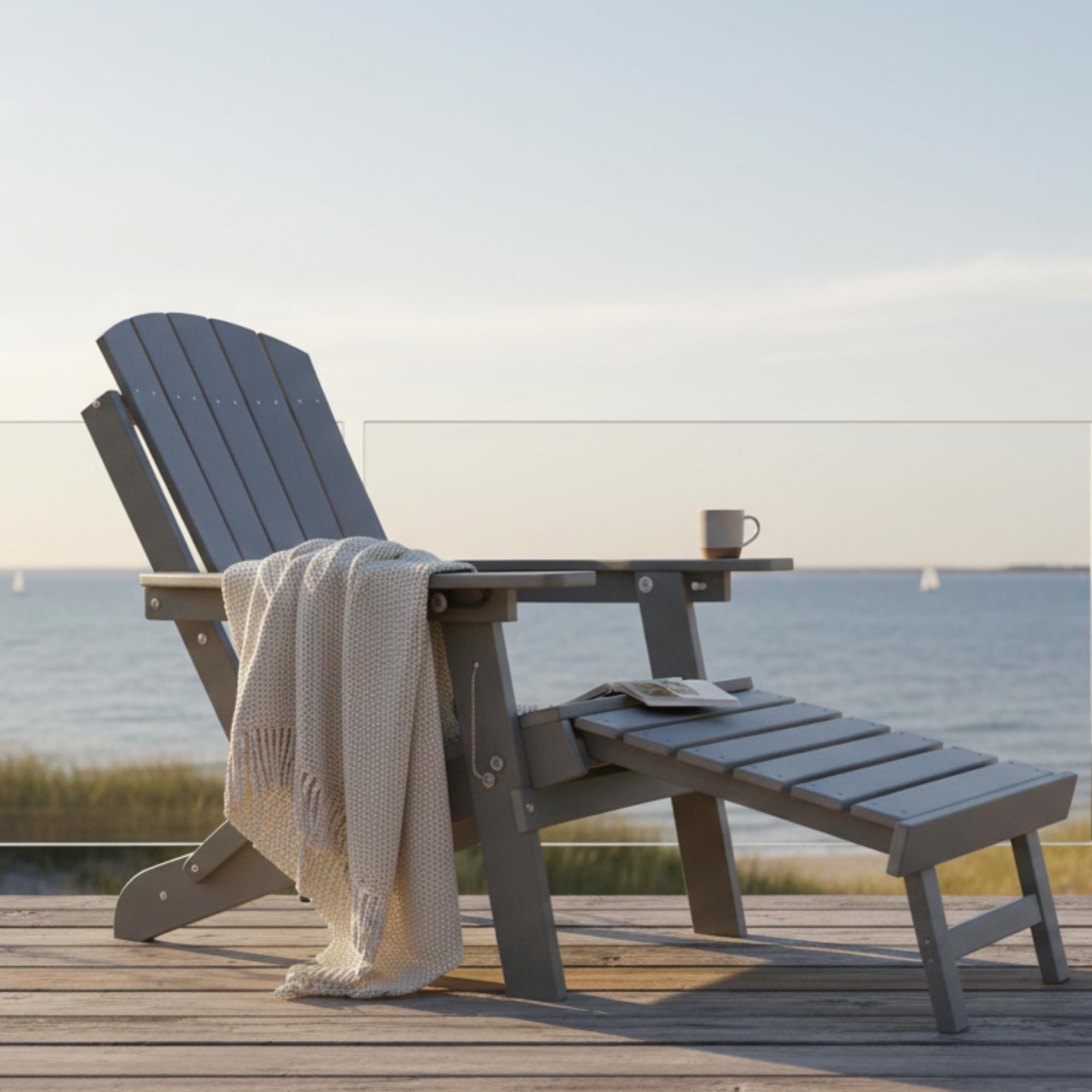 osoltus Adirondack Stuhl bis 150kg | Canadian Deck Chair | recycletes Plastic mit Holzstruktur | 3-Fach Verstellbarer Rückenlehne | ausziehbares Fußteil grau