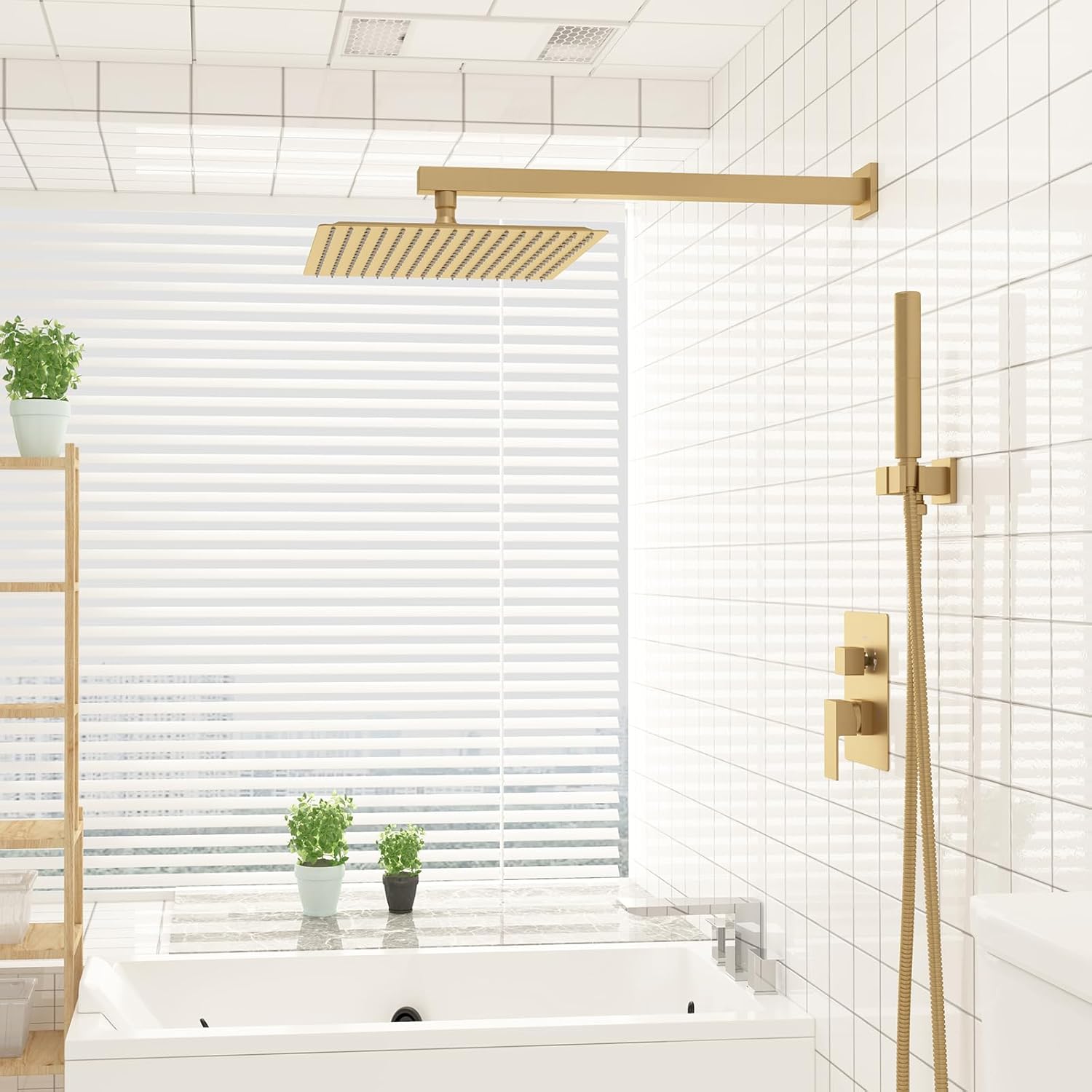 BESy Shower System with 12 Inch Rain Shower Head and Handheld Wall Mounted, High Pressure Rainfall Shower Faucet Fixture Combo Set with 2 in 1 Handheld Showerhead for Bathroom, Brushed Gold