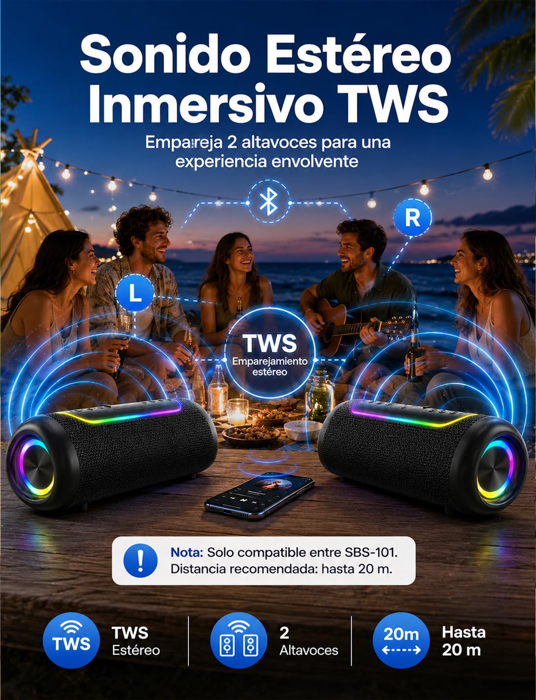 UOHHBOE Altavoz Bluetooth Portátil 30W, Sonido 360° y Graves Potentes | Bluetooth 5.4, Batería Hasta 30H, IPX5 Resistente al Agua, TWS Estéreo y Luces RGB para Fiestas, Playa y Camping