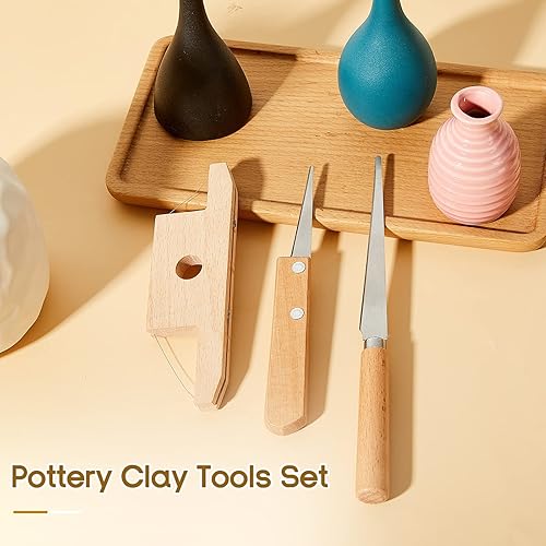 Miniatura 7 de Amylove 3 piezas de herramientas de cerámica herramienta de corte de arcilla de corte incluye madera y alambre cortador biselado cuchillo para