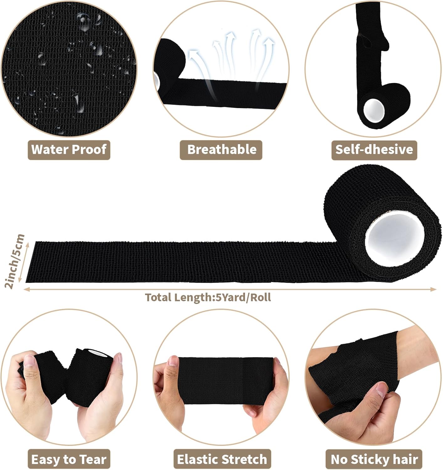 90 Pack Black Self Adhesive Bandage Wrap Bulk 2 Inch x 5 Yards Cohesive Bandage,Vet Wrap Breathable Elastic Self-Adherent Tape for Stretch Athletic Sports Wrist Ankle Dogs Pet Vet Wrap