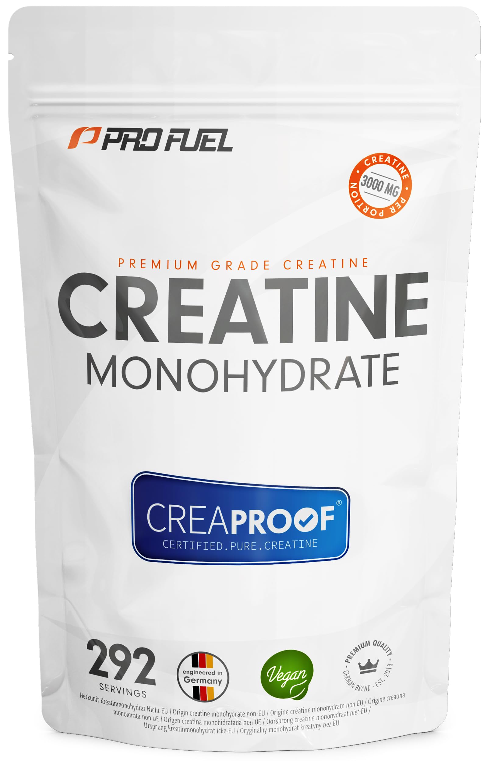 CREAPROOF® Creatin Monohydrat 1000g - Creatin mit erstklassiger Reinheit, durch unabhängige Laboranalysen bestätigt - Kreatin-Monohydrat mit 3 g Creatin pro Portion - 100% vegan - Vorrat für 292 Tage